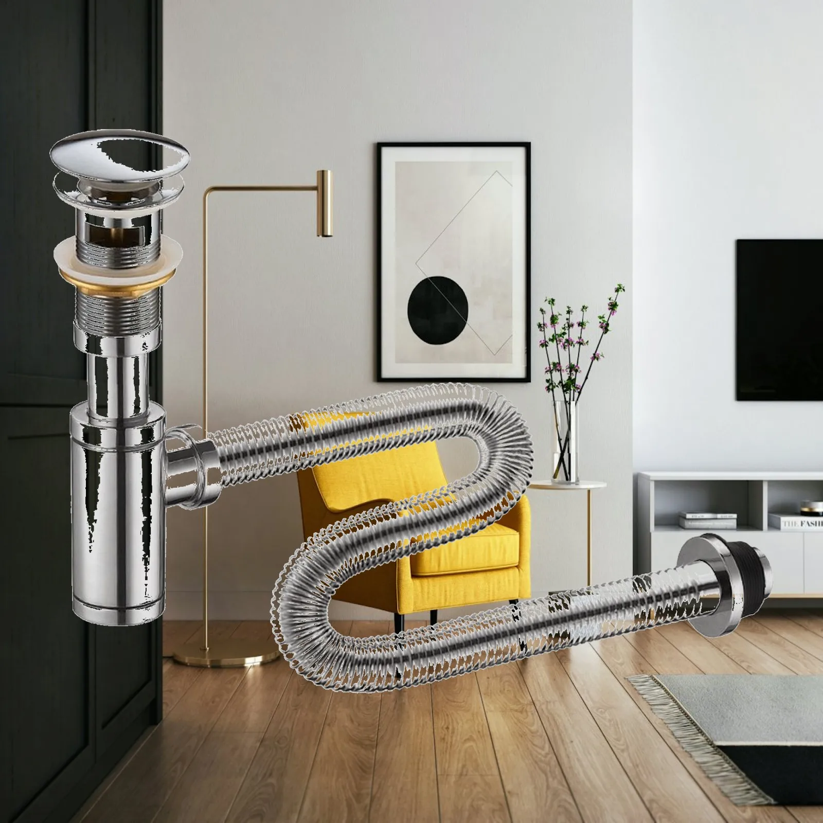 Washbasin Drain with Connector Pipe Chrome Copper Construction, space-saving-Saving Layout, Sink Drain with Top Cover, for