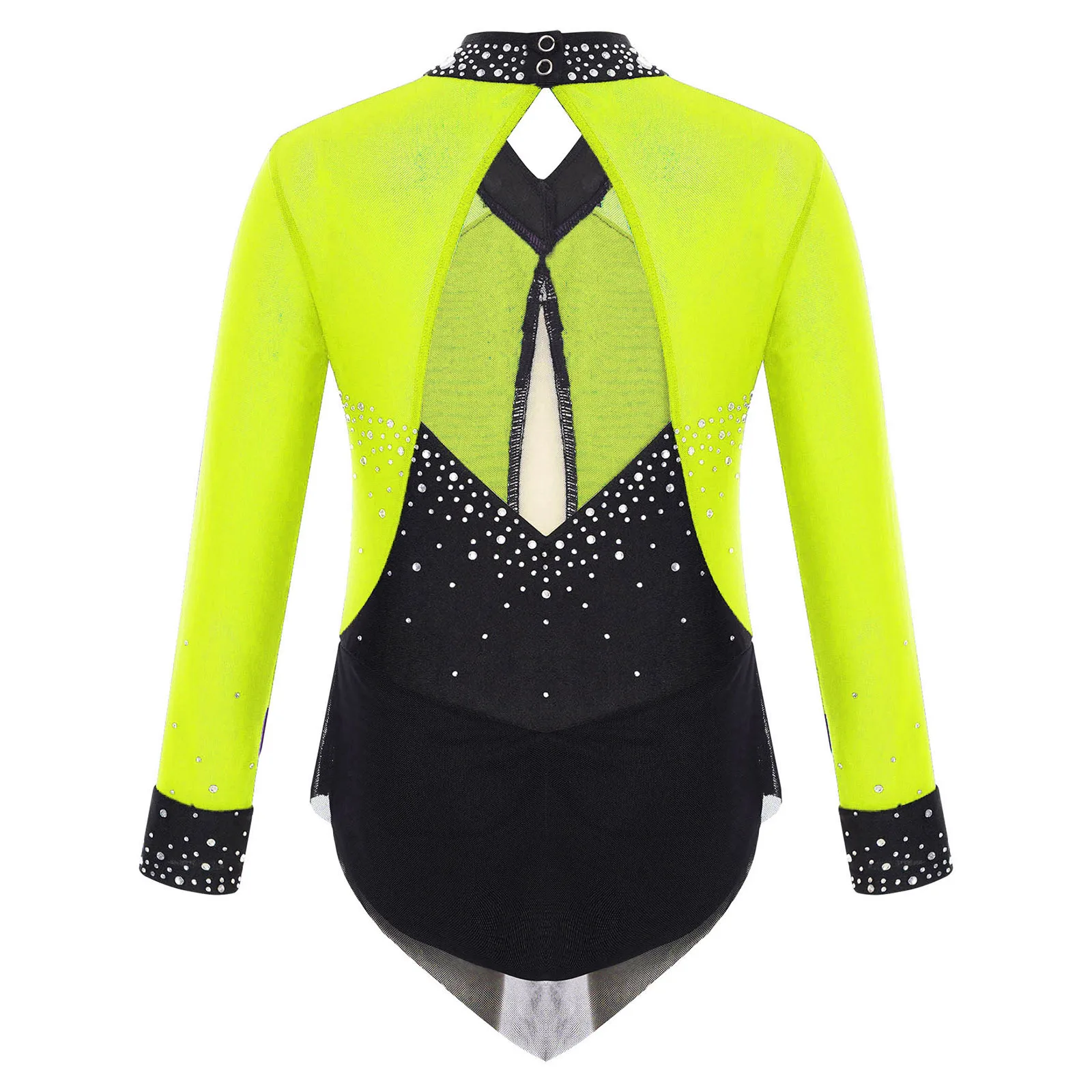 

Kids Girls Gymnastics Ballet Dance Leotard Long Sleeve Shiny Rhinestones Sheer Mesh Bodysuit Figure Skating Workout Dancewear