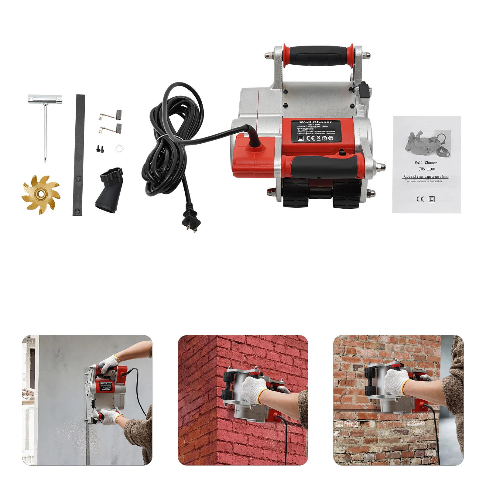 

110V 1100W Adjustable Wall Groove-cutting Machine 25mm Slot Width Brick-Wall-Chaser for Grooving Light Bricks Red US Standard