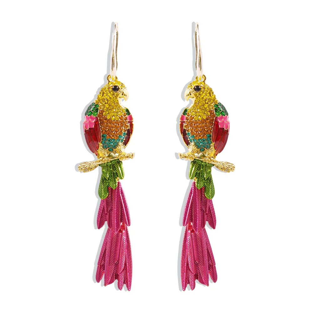 Retro Long Multicolor Crystal Earrings Personality Exaggerated Rhinestone Bird Parakeet Dangle Earrings For Women Custom Jewelry