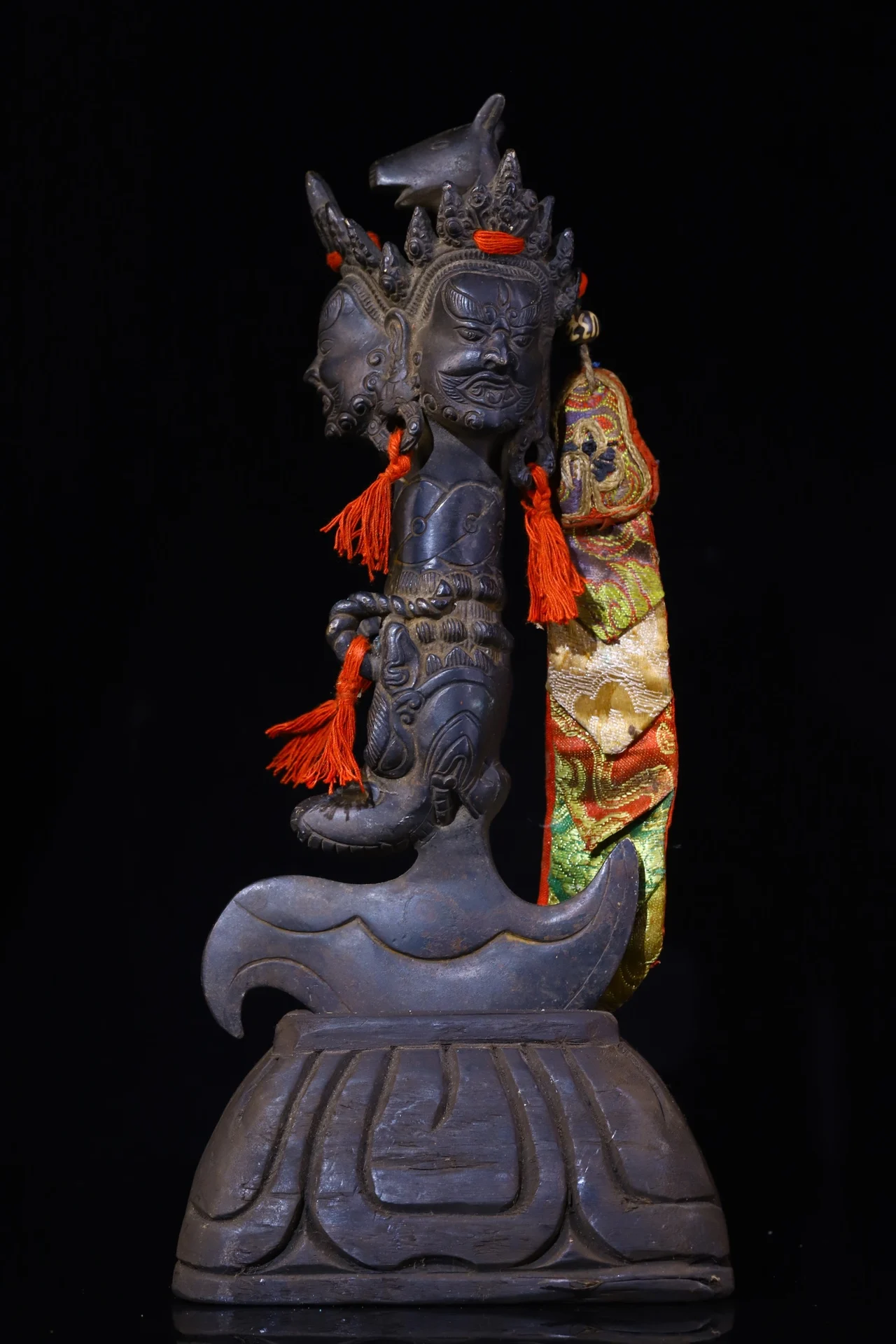 

13"Tibetan Temple Collection Old Bronze Cinnabar Hayageriva Buddha Head Dorje Vajra Phurpa base Amulet Dharm Town house