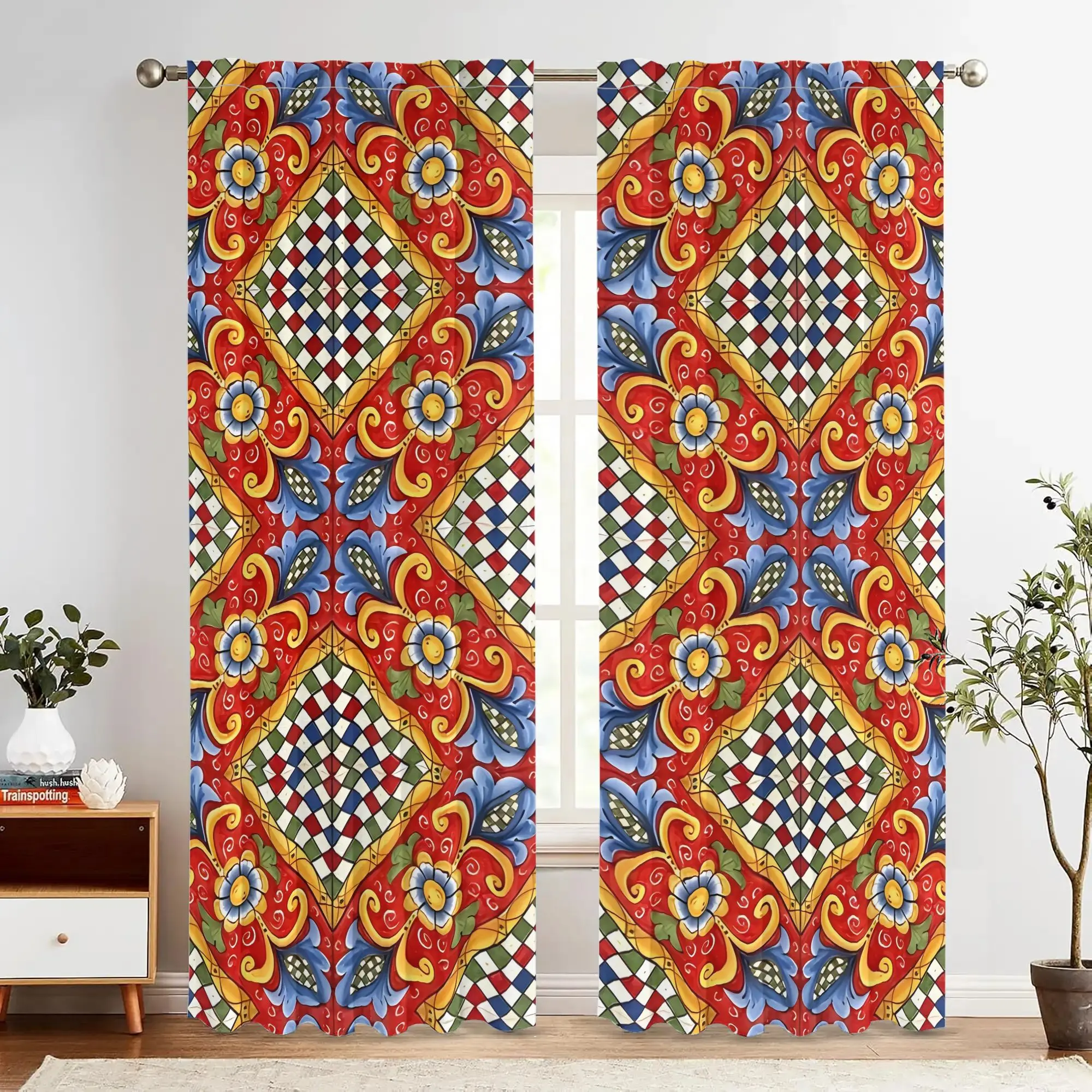 Sicilian retro ceramic-style curtains, pole-mounted installation. Suitable for living rooms, bedrooms, dining rooms and hotels.