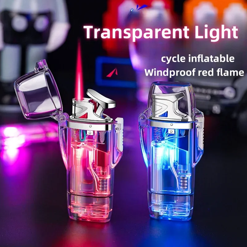 Transparent Case with Flashing Light and Red Flame Windproof Lighter Cycle Inflatable Visible Oil Compartment Butane Gas Lighter