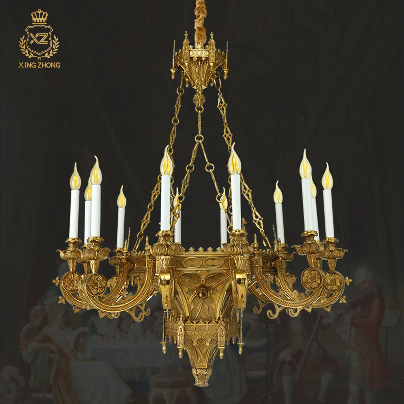 French Royal Retro Villa Duplex Living Room Dewaxed Copper Chandelier Dining Room Hotel Decor Big Pendant Lamp