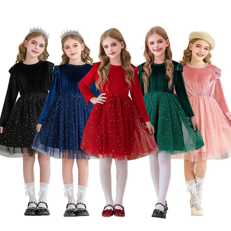 

Autumn Winter Girls Velvet Star Sequins Long Sleeve Tulle Party Princess Dress For Kids Birthday Wedding Formal Evening Outfits