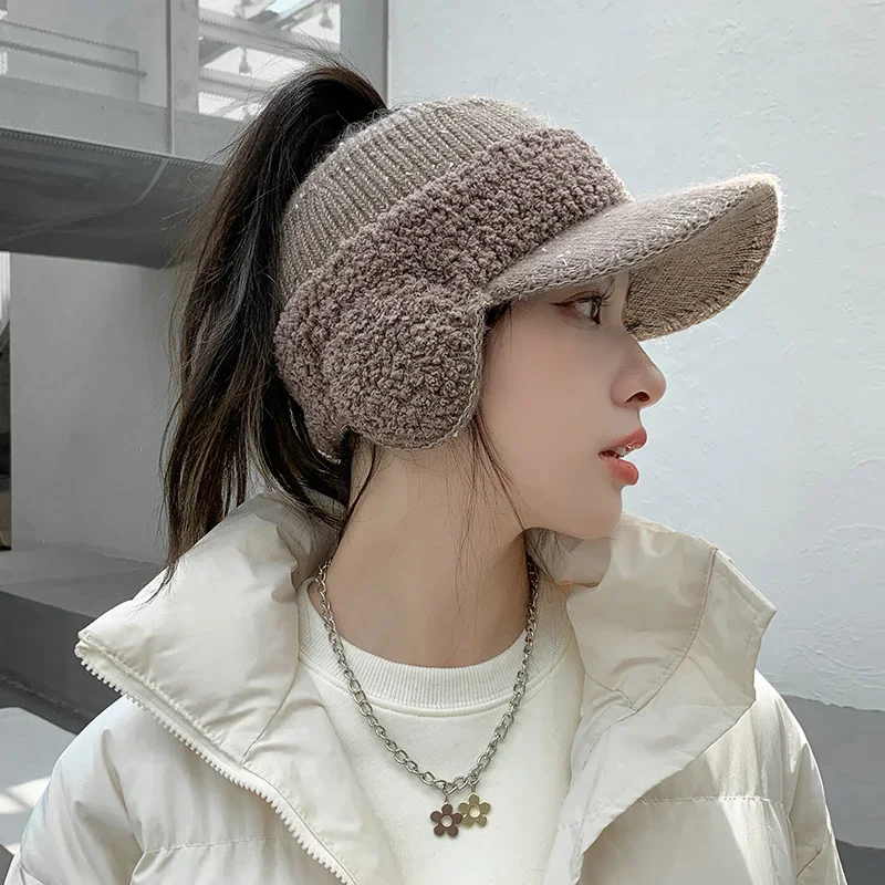 2022 Fashion Trend With Earflaps Empty Top Baseball Caps Lambswool Knitted Women's Hat Autumn Winter Thicker Warm Cap