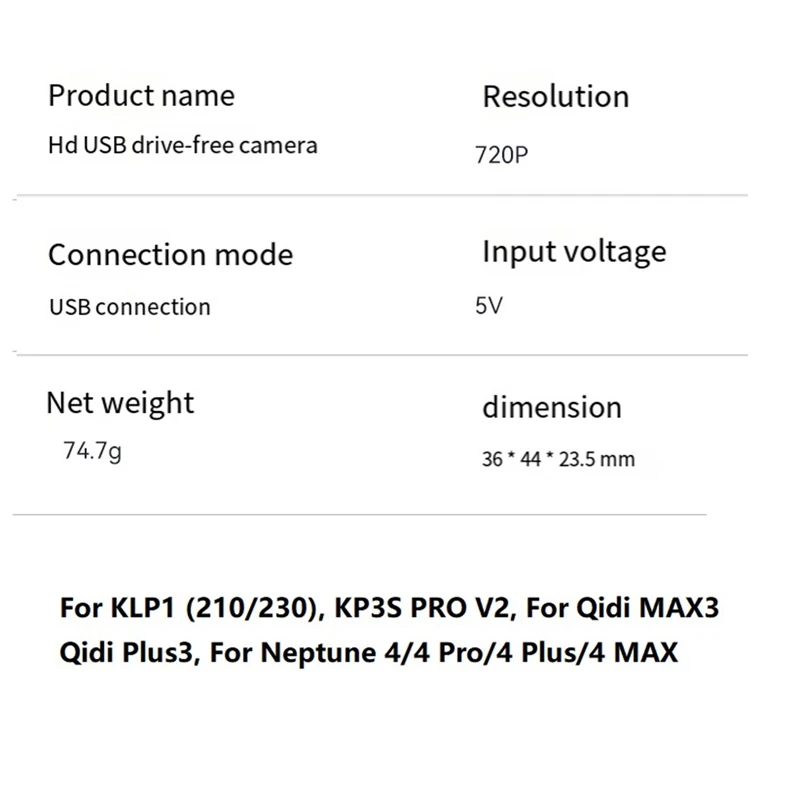 720P Camera For Kingroon KLP1/KP3S Pro V2 Driver-Free Camera USB Interface Time-Lapse Photography 3D Printer Accessories