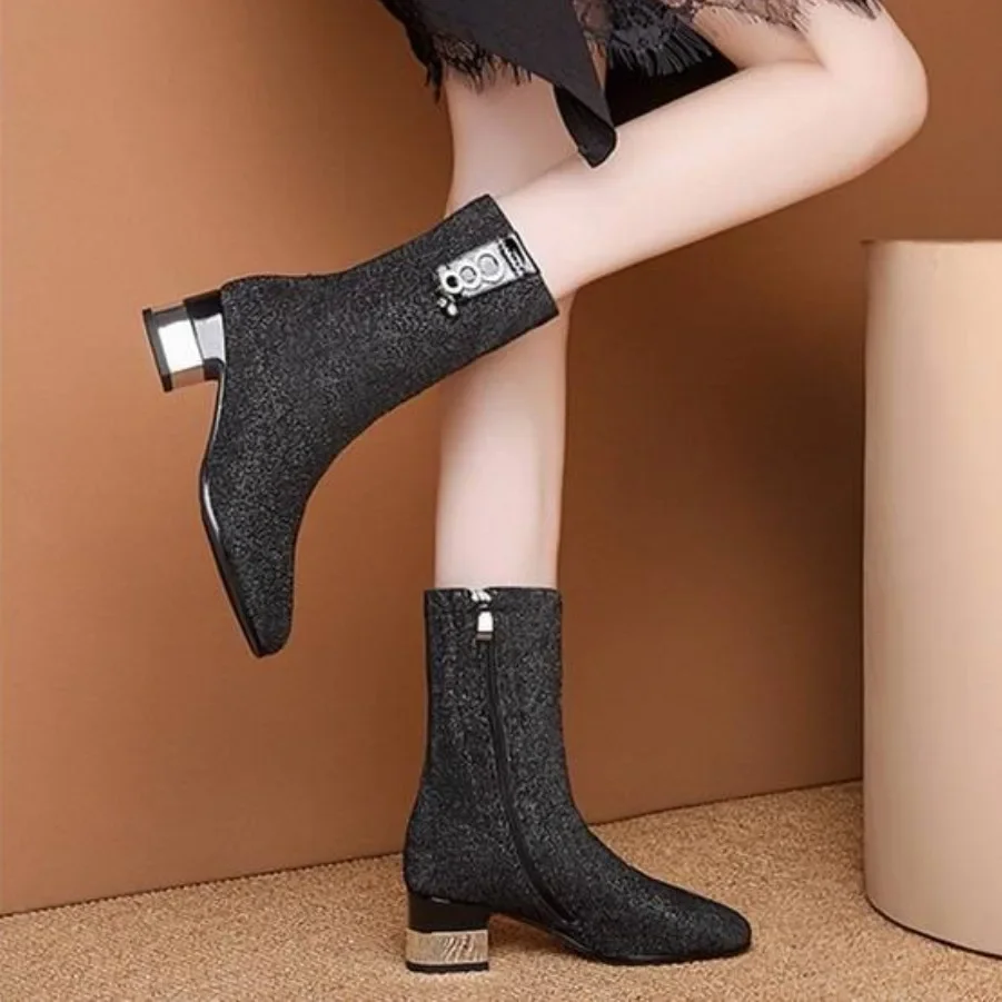 Large Size Warm Women's Half High Boots Elegant Ladies Mid Calf Shoes Middle Heel Gyaru Demi-season Comfortable Spring Autumn Pu