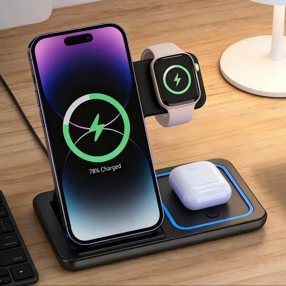 Fast Wireless Charger Charging Station 3-in-1 with Foldable Stand for Samsung iPhone 17 16 15 18 14 13 12 Apple Watch 9 8 7 Airpods, Professional for Xiaomi Huawei Type C Data Cable view 4