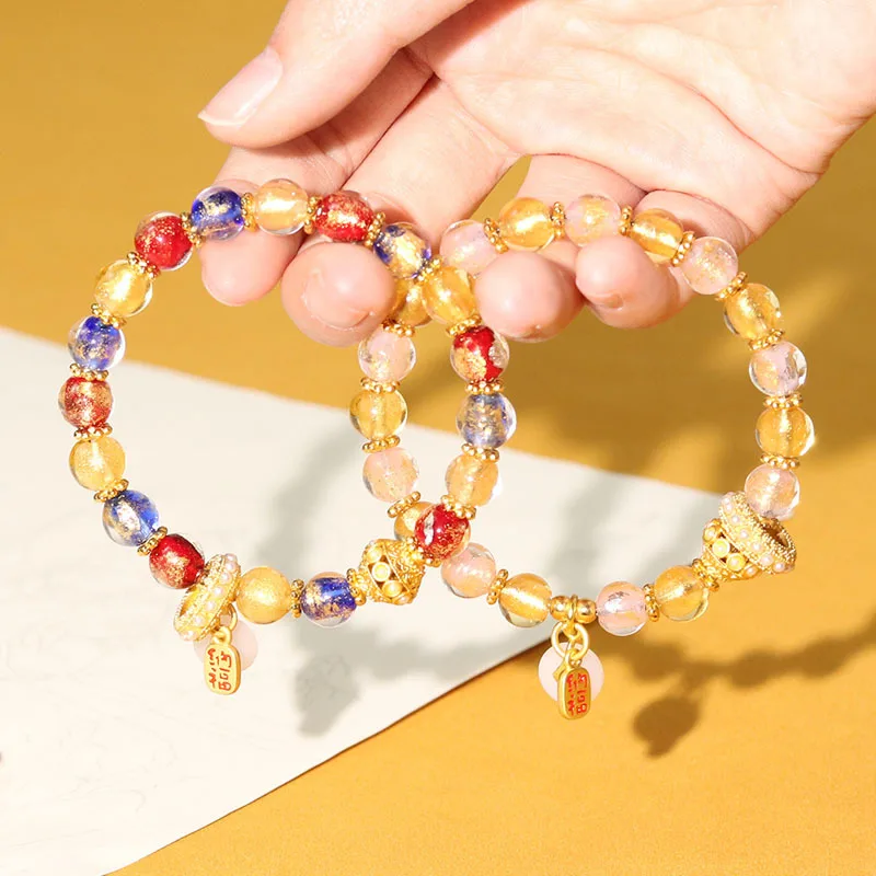 Women's Fragrant Ash Glaze Bracelet with Gold Foil Beads for Luck and Blessings Gifts