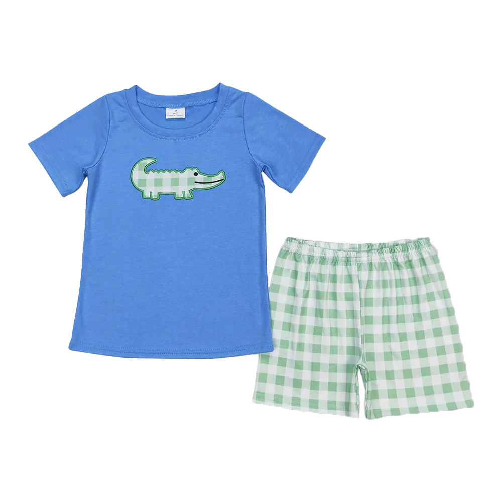 

BSSO0736 Baby Boys Summer Boys Outfits Crocodile top plaid shorts kids boys summer outfits