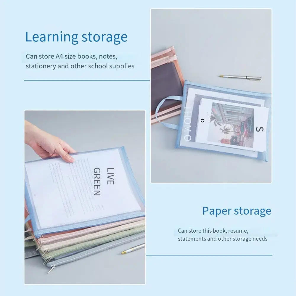 A4 Mesh Zipper Pouch Subject Transparent ID Card Storage Handbag Double-Layers Thicken Test Paper Files Bag Stationery