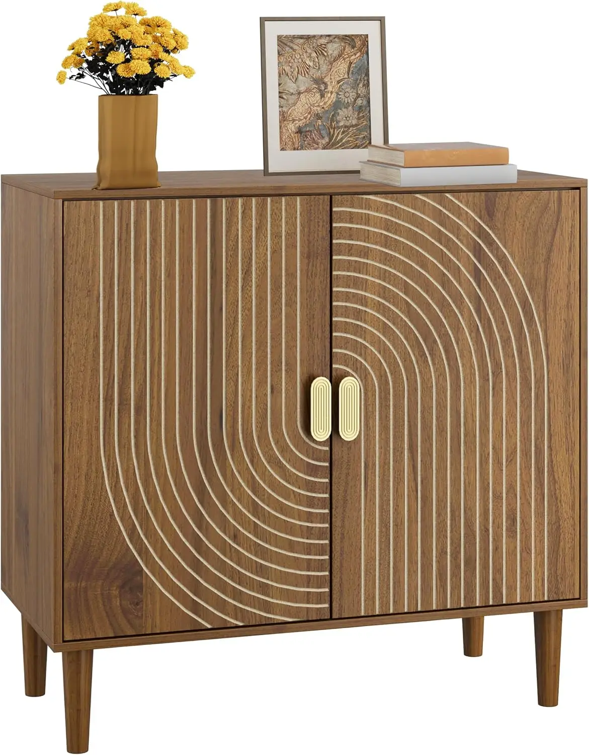 

Walnut Sideboard Cabinet, Freestanding Buffet Cabinet with Line Groove Design, Wood Storage Cabinet with Adjustable Shelf