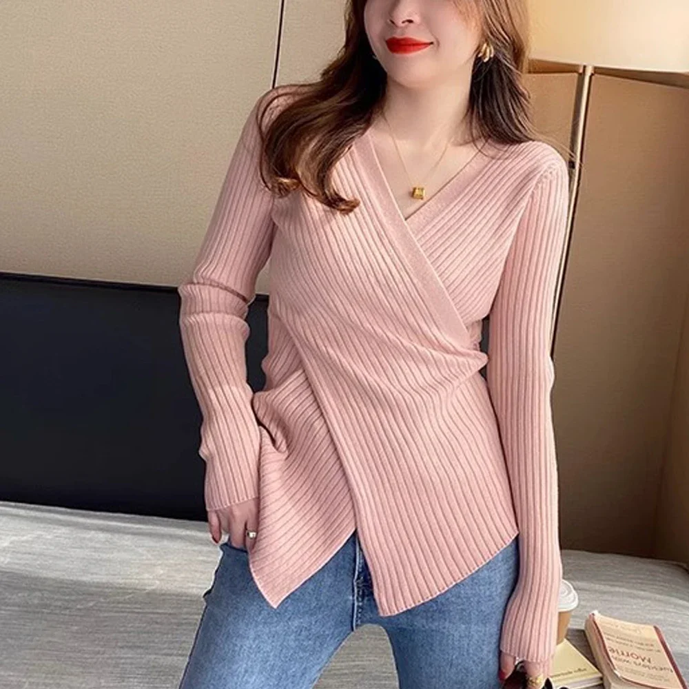 Pullovers Women Criss-cross V-neck Skinny Autumn Winter All-match Stretchy Mujer Knitting Tender Cozy Sweater T Shirt Tops S-2XL