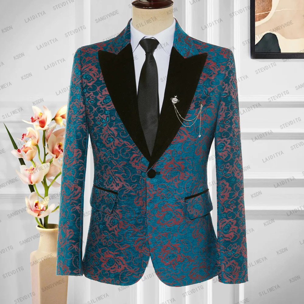 

2023 New Costume Homme Italian Business Slim Fit Blue Red Jacquard Black Velvet Lapel Men Suit Tuxedo Wedding Jacket Blazer Coat