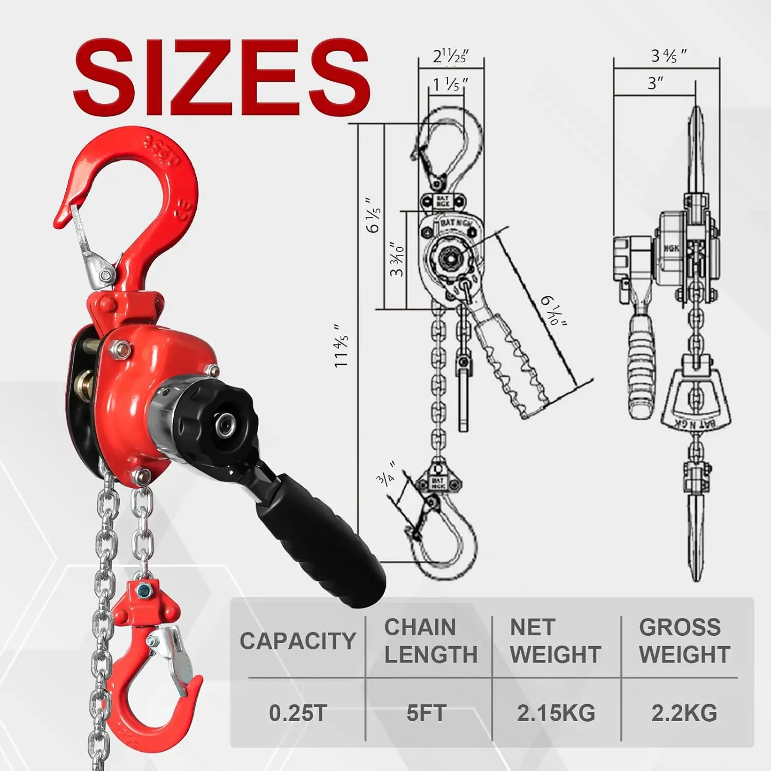 Manual Lever Chain Hoist Come Along 1/4 Ton 550LBS Capacity 5FT Lift, G80 Alloy Steel with Pawl Brake & Auto-Load Guide, 360° Ro