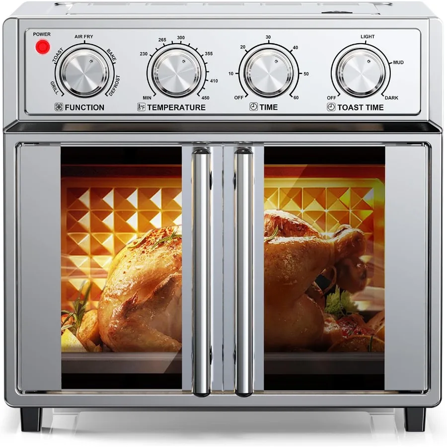 Combo de horno tostador y freidora de aire 26QT con puertas francesas y 7 menús preestablecidos, horno de encimera de convección de acero inoxidable de 1700W para hornear