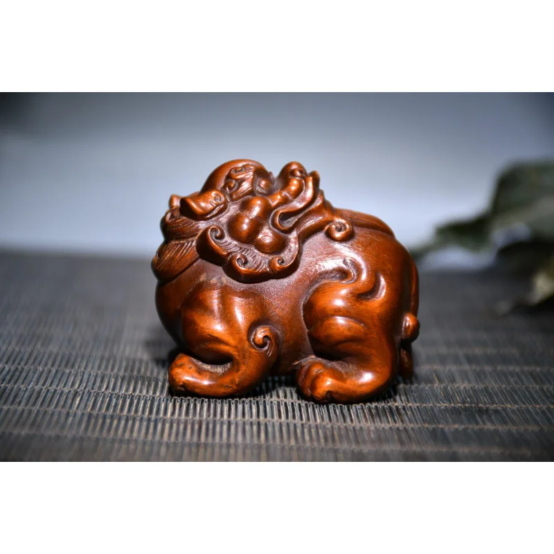 

2.4" Chinese Box-wood Hand Engraving Auspicious Beast Animal Pixiu Wealth Statue Craft Gift Decoration Home Decore