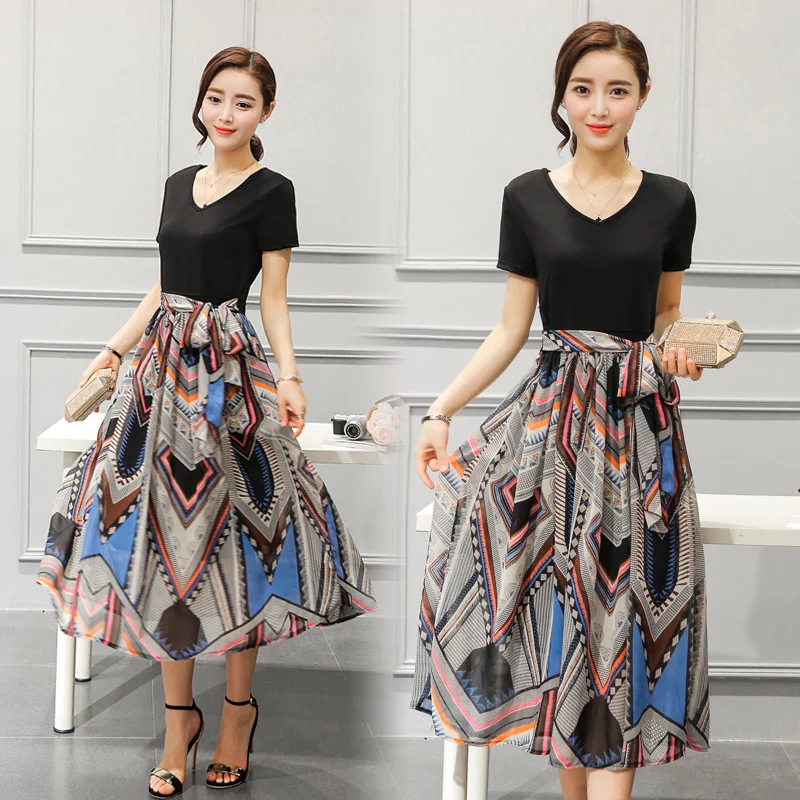 New Leisure Comfortable Fashion Dress Korean Edition Fake Two Piece Women's Chiffon Printed Dress