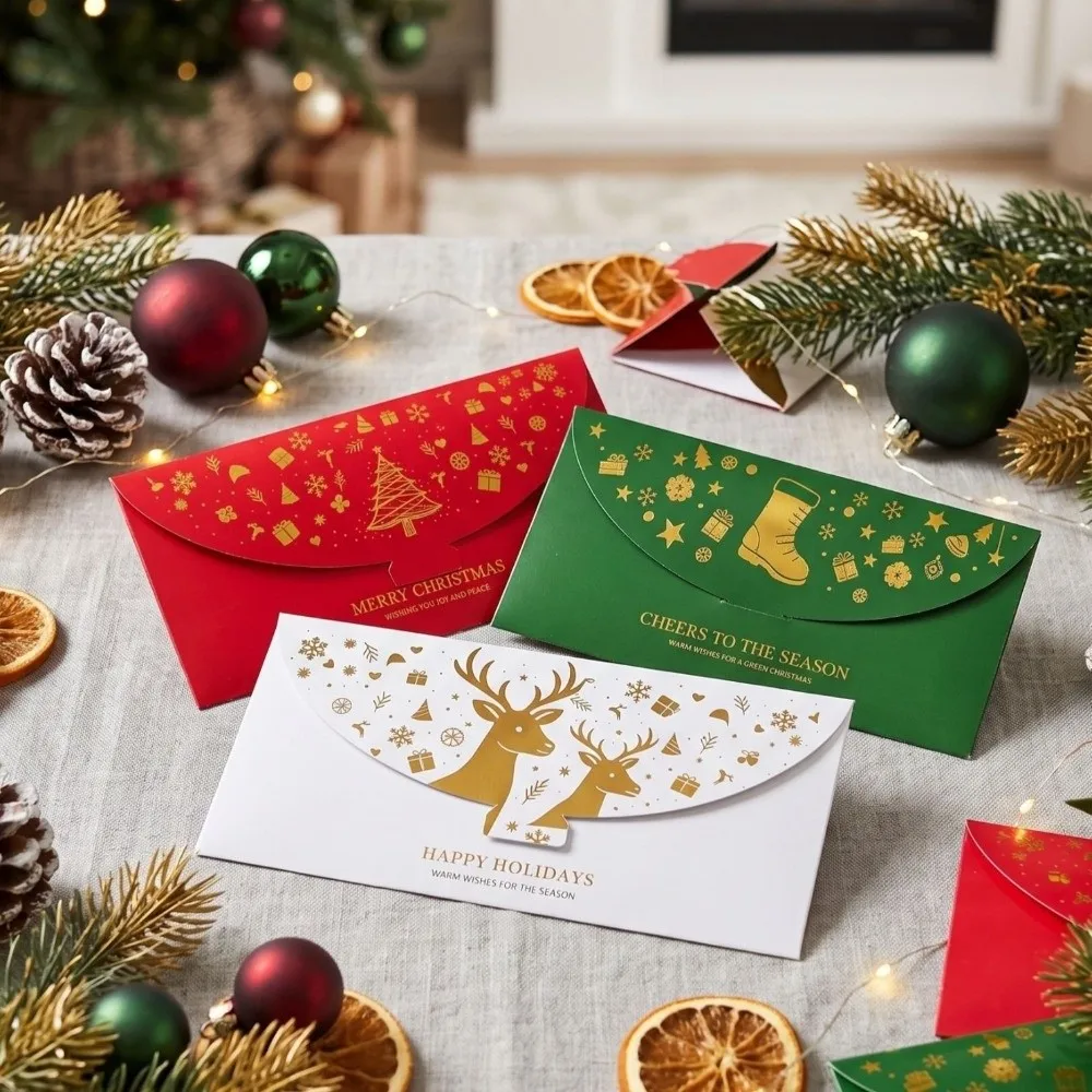 3pcs Luxurious Gold Foil Christmas Gift Envelopes Elk Xmas Tree Greeting Card Package 18x9cm Cash Envelopes New Year Party