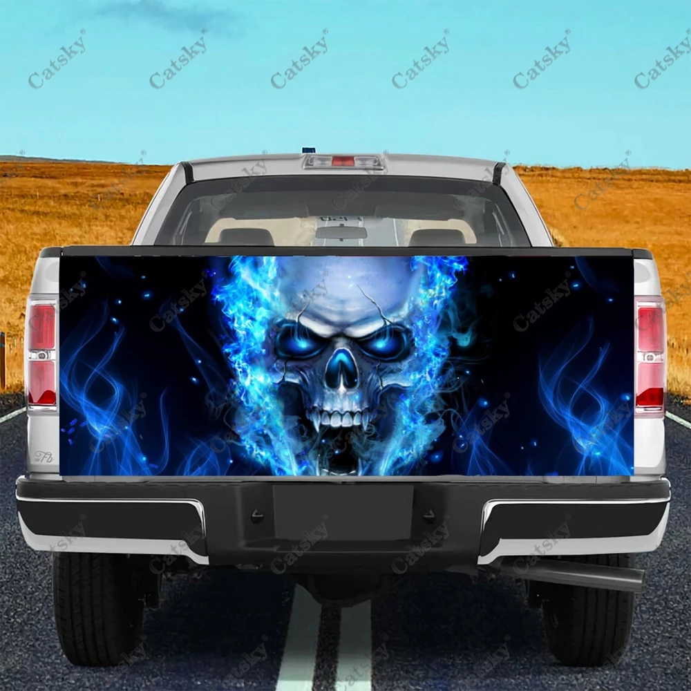 

Blue Flame Skull Head Car Tail Trunk Protect Vinly Wrap Sticker Decal Car Accessories Decoration Sticker for SUV Off-road Pickup