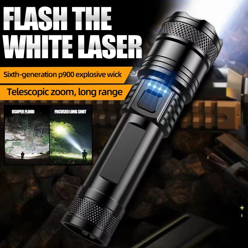 Linterna de luz fuerte portátil recargable, reflector de Zoom telescópico superbrillante para exteriores, lámpara LED para el hogar de enfoque lejano