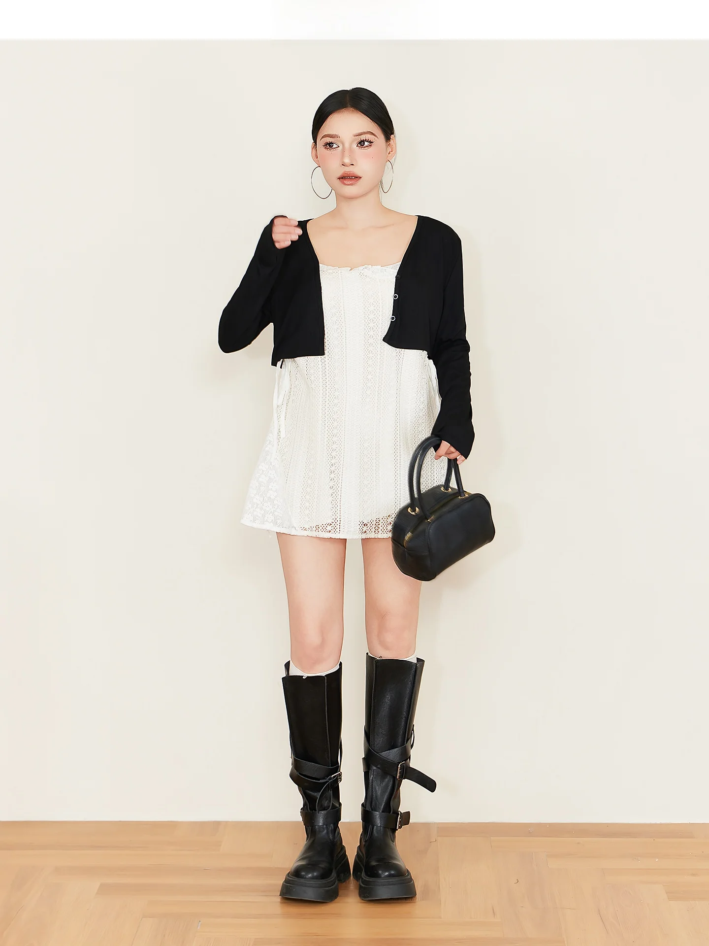 

New Large Size Lace Halter Dress Cover up Set Korean Style Commute High Waist Spring Tour Long Sleeve round Neck Short Dress