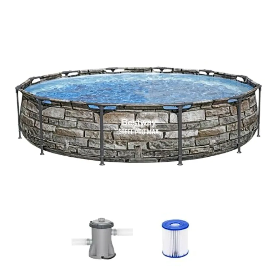 Outdoor Steel Frame Swimming Pool Set For Family Use, Steel Material, Stone Print Color, Includes Filter Pump And Filter