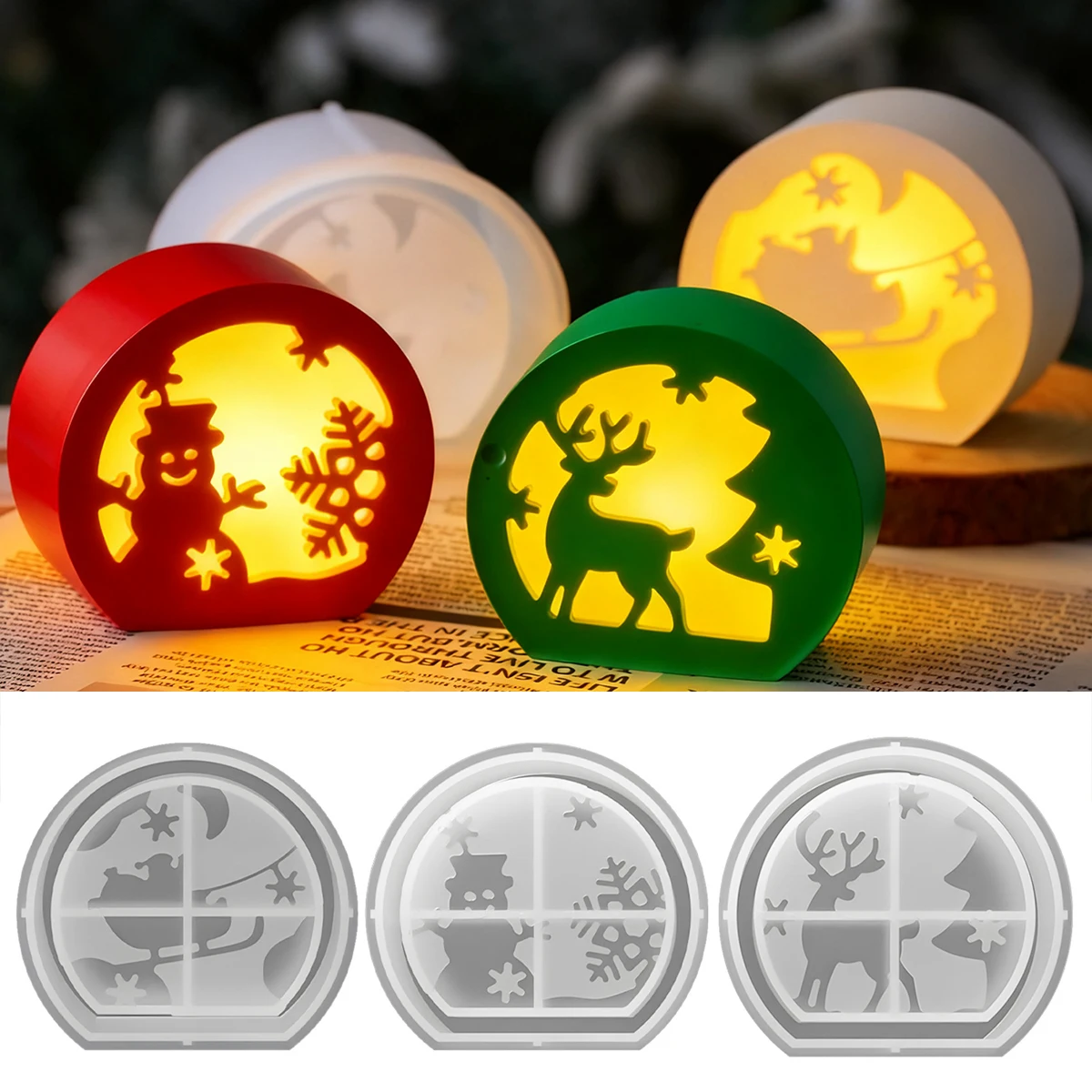 Runde Form Weihnachten Kerzenhalter Silikon Form Hohl Design Weihnachten Santa Claus Rentier LED Nachtlicht Handwerk Form Wohnkultur