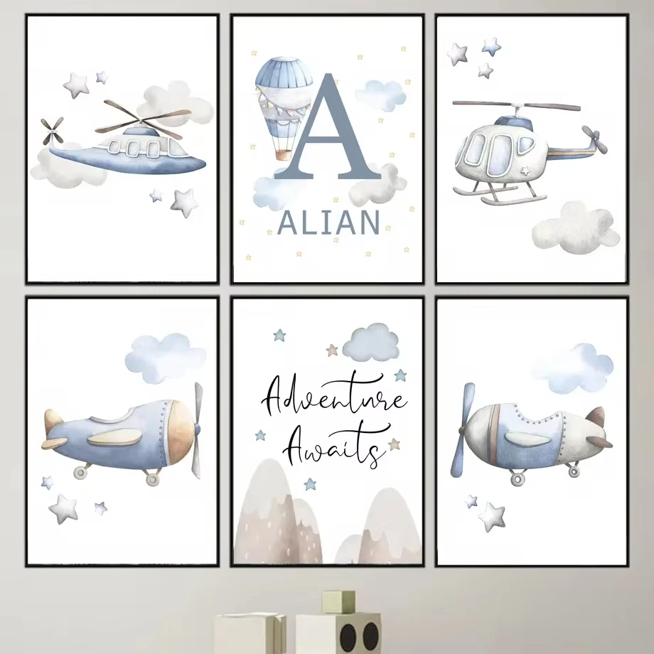 Blue Airplane Hot Air Balloon Cloud Name Custom Wall Art Canvas Painting Nordic Posters And Prints Wall Pictures Kids Room Decor