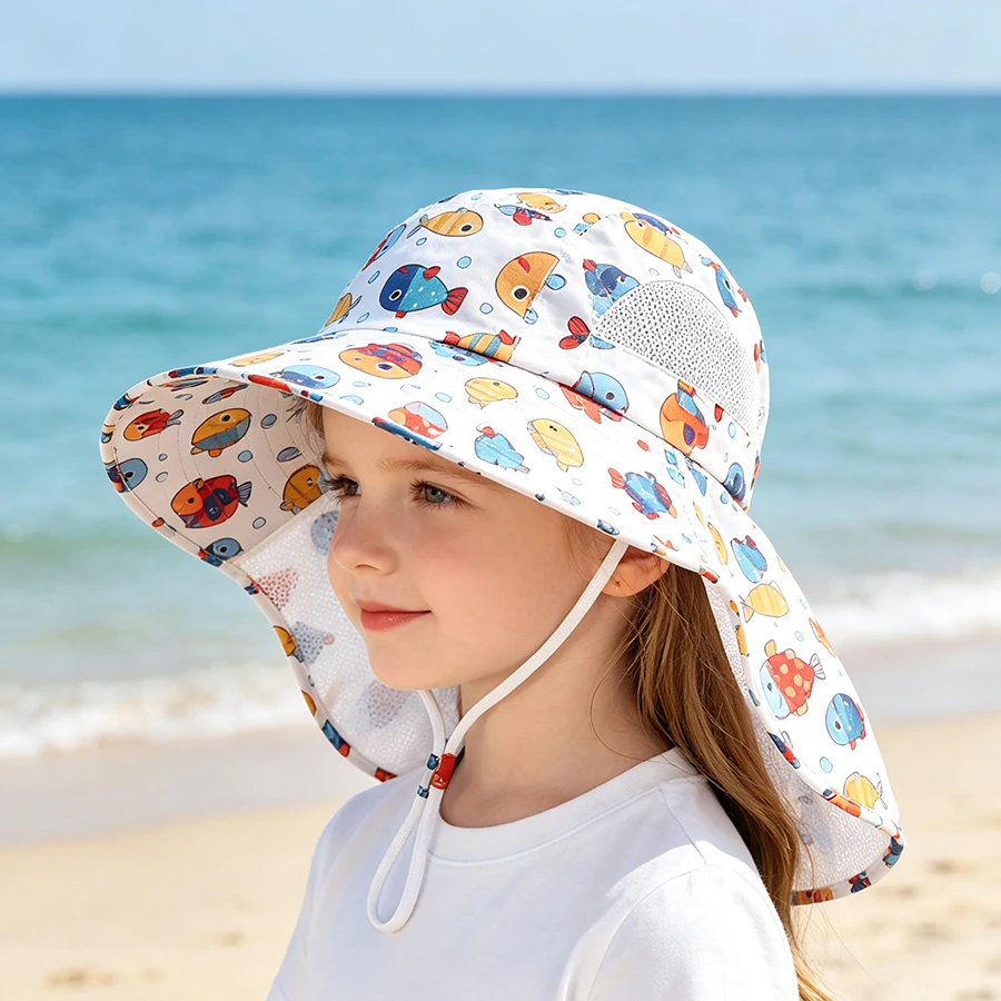 1-piece Cartoon Pattern Scarf Hat for Boys and Girls, Summer Sun Protection Fisherman Hat