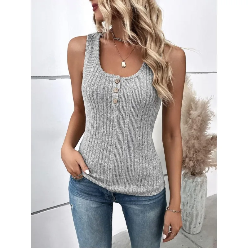 

Женский жилет больших размеров, летние однотонные вязаные повседневные женские топы без рукавов с квадратным вырезом и пуговицами