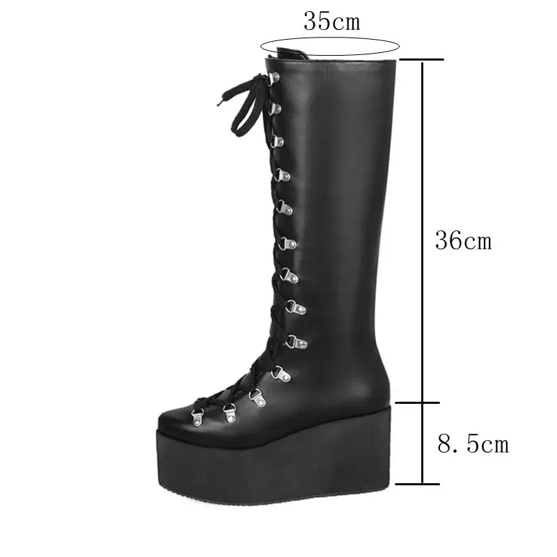 ASILETO knee Boots Women motorcycle boots wedges shoes platform High Heels Shoes lace up botas zapatos S750 image 2