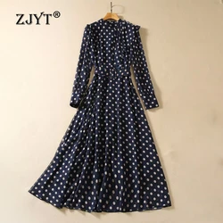 ZJYT Fashion Women's Long Sleeve Dot Print Dress Midi Vintage Vestidos Para Mujer Elegant Party Dresses 2024 Autumn Female Robe