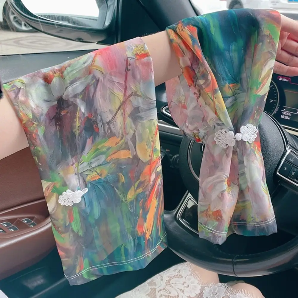 Chinese Style Buckle Printed Ice Silk Sleeves Flower Anti-UV Chiffon Sunscreen Sleeve Long-sleeved Glove Sun Protection