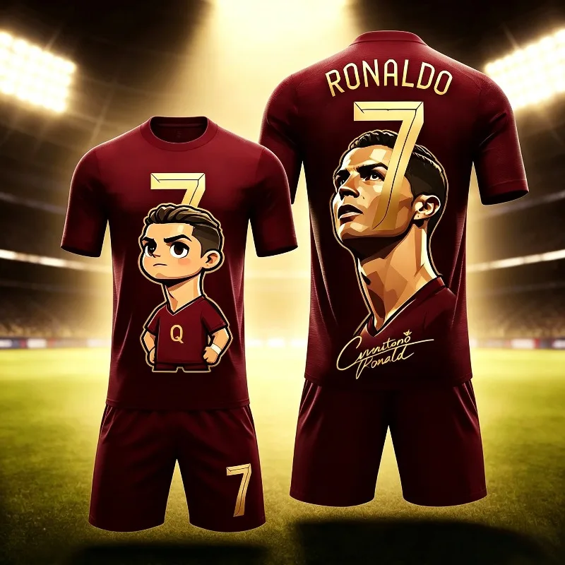 

2026 Summer Cute Hot Item # 7 RONALDO Kawaii Edition Red Jersey Set for Adults and Children Casual Sports Short Sleeved Set