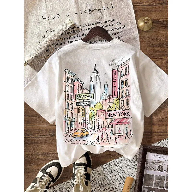 Women Hand Drawn New York City Street Building Graphic Crew Neck T-Shirt, Front Back Broadway Hotel Taxi Print 100% Short Sleeve