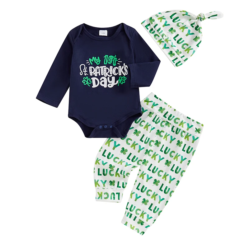 Conjunto de ropa de 3 piezas con estampado de trébol y letras de Irlanda para bebés y niños, peleles de manga larga con cuello redondo, pantalones largos y sombrero