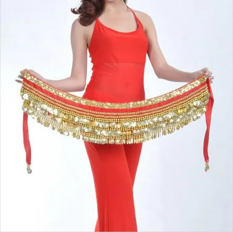 

338 Coins Belly Dance Belt Waist Hip Scarf Tribal Fringe Chain Wrap Black Red White Blue Pink Dance Suit Accessory