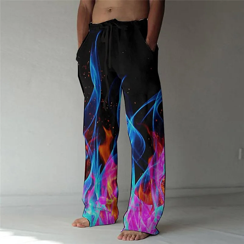 Calças esportivas com cordão transfronteiriço, cintura elástica, perna reta, padrão de chama, impresso em 3D, calça casual extragrande, nova