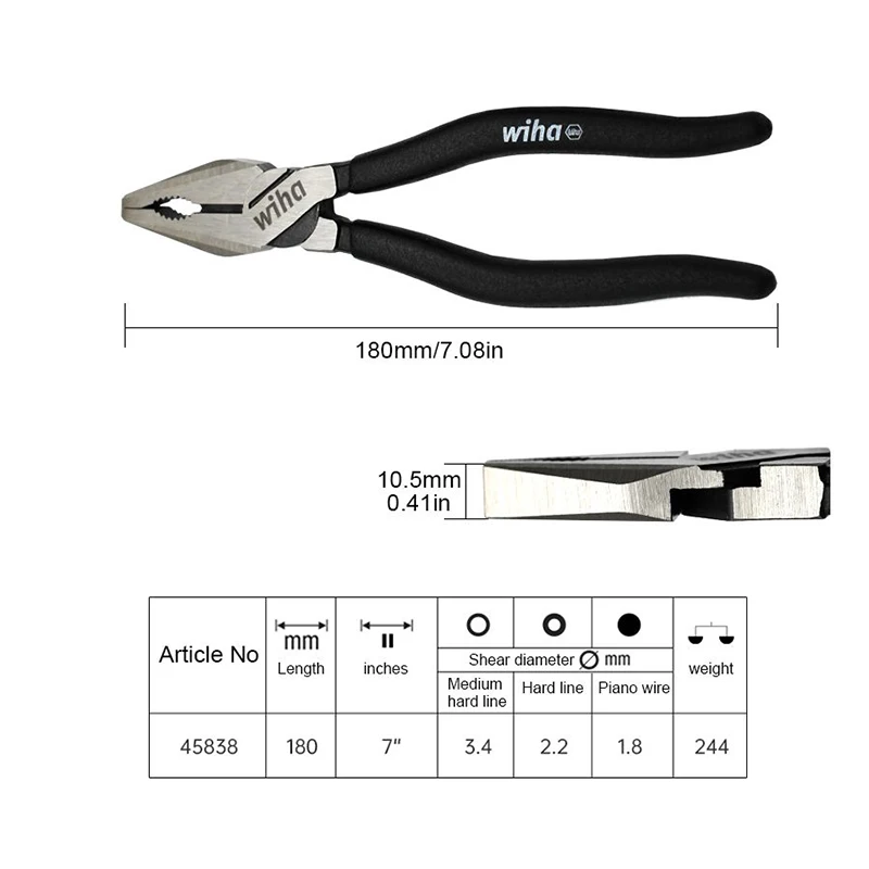 Wiha 45838 Black Forest Series Labor-Saving Wire Cutters 7\'\' 180mm Three Point Clamping Plier