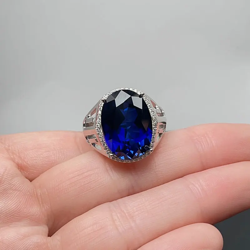 Royal Blue Man Made Sapphire Ring for Men 13mm*18mm Blue Crysal 925 Silver Ring with 3 Layers 18K Gold Plating