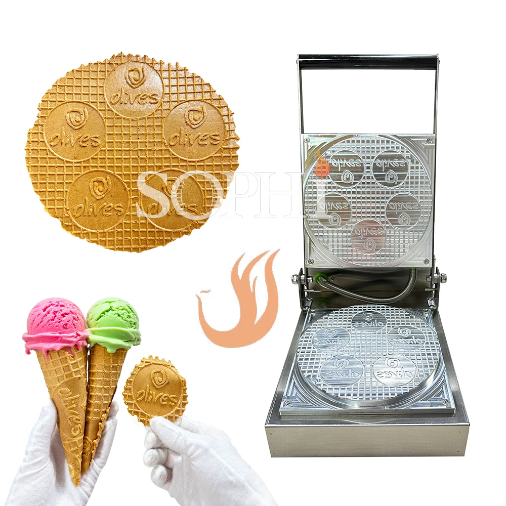 Commercial Custom Mold Ice-cream Waffle Cone Machine Customized Mold Carved by CNC Personalized logo Italian Gelato Waffle Maker