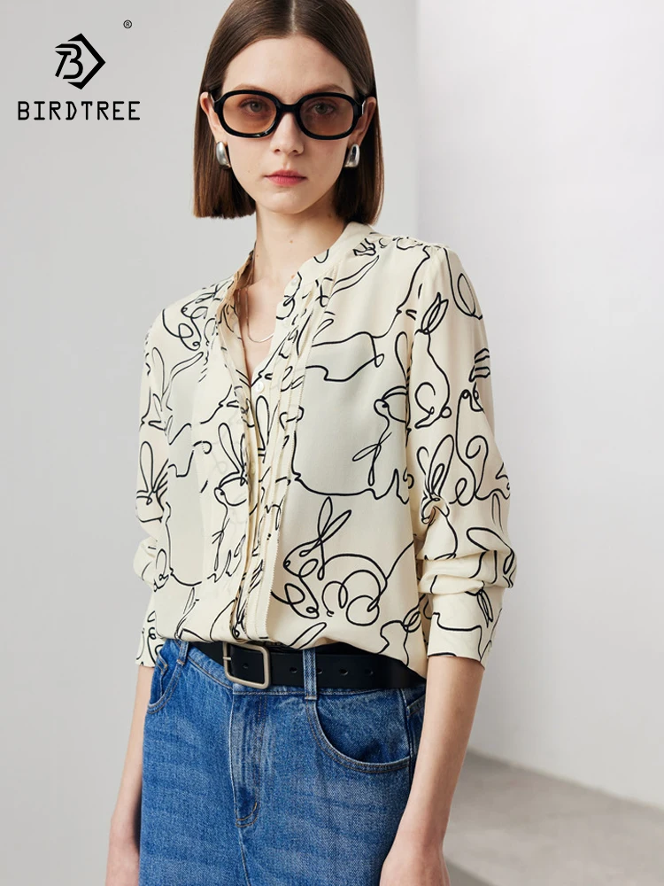 BirdTree, 6A 100%Real Silk Elegant Shirt, Women Long Sleeve Rabbit, French OL Commute Chic Blouse, 2024 Summer Autumn T49332CC