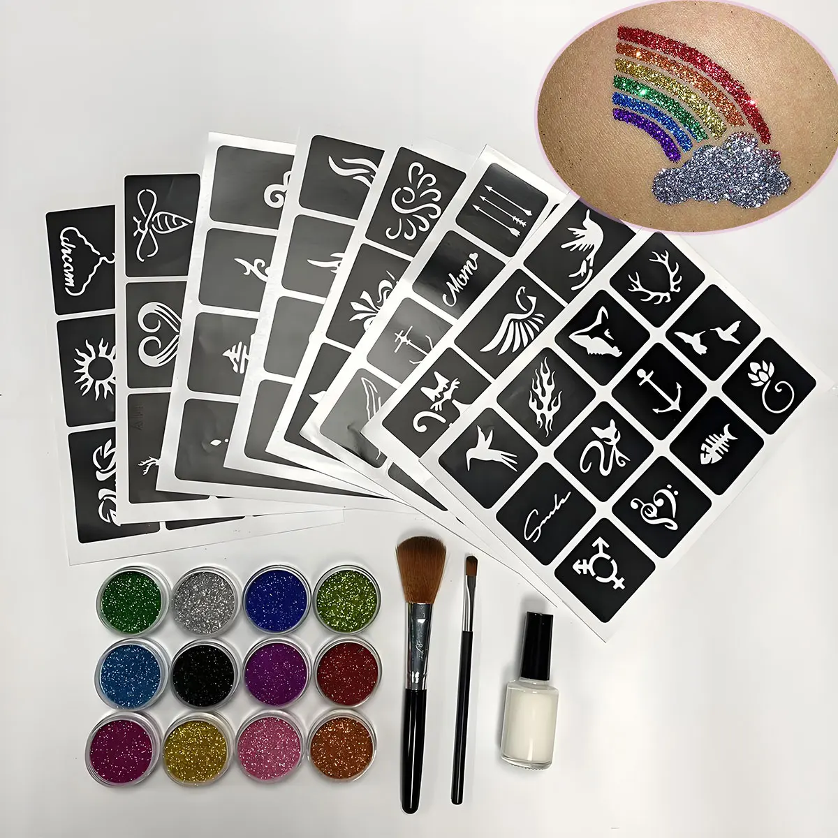 Tijdelijke glittertattoo-set, 12 leuke kleuren glittertattoos voor bodypainting, met 8 unieke sjabloonontwerpen en applicatorborstels, eenvoudig aan te brengen en te verwijderen, vakantiegeschenken, feestdecoraties, afstudeerceremonies, muziekfestival Rave-Partys Qla-Zh012
