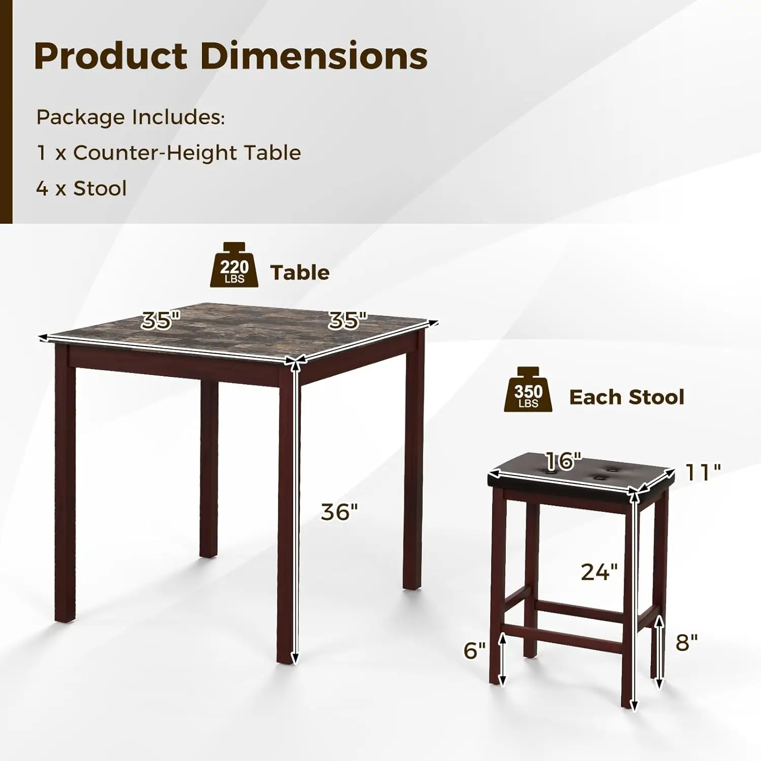 Counter Height Dining Set for 4, Brown Kitchen Table with 4 Bar Stools, Space-Saving Breakfast Nook Set