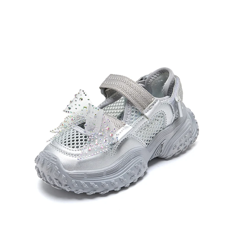 Kids Princess Shoes Casual Mesh Breathable Girls Sports Sandals Shiny Lace Bow 2025 Summer Children Running Shoes Non-slip Trend