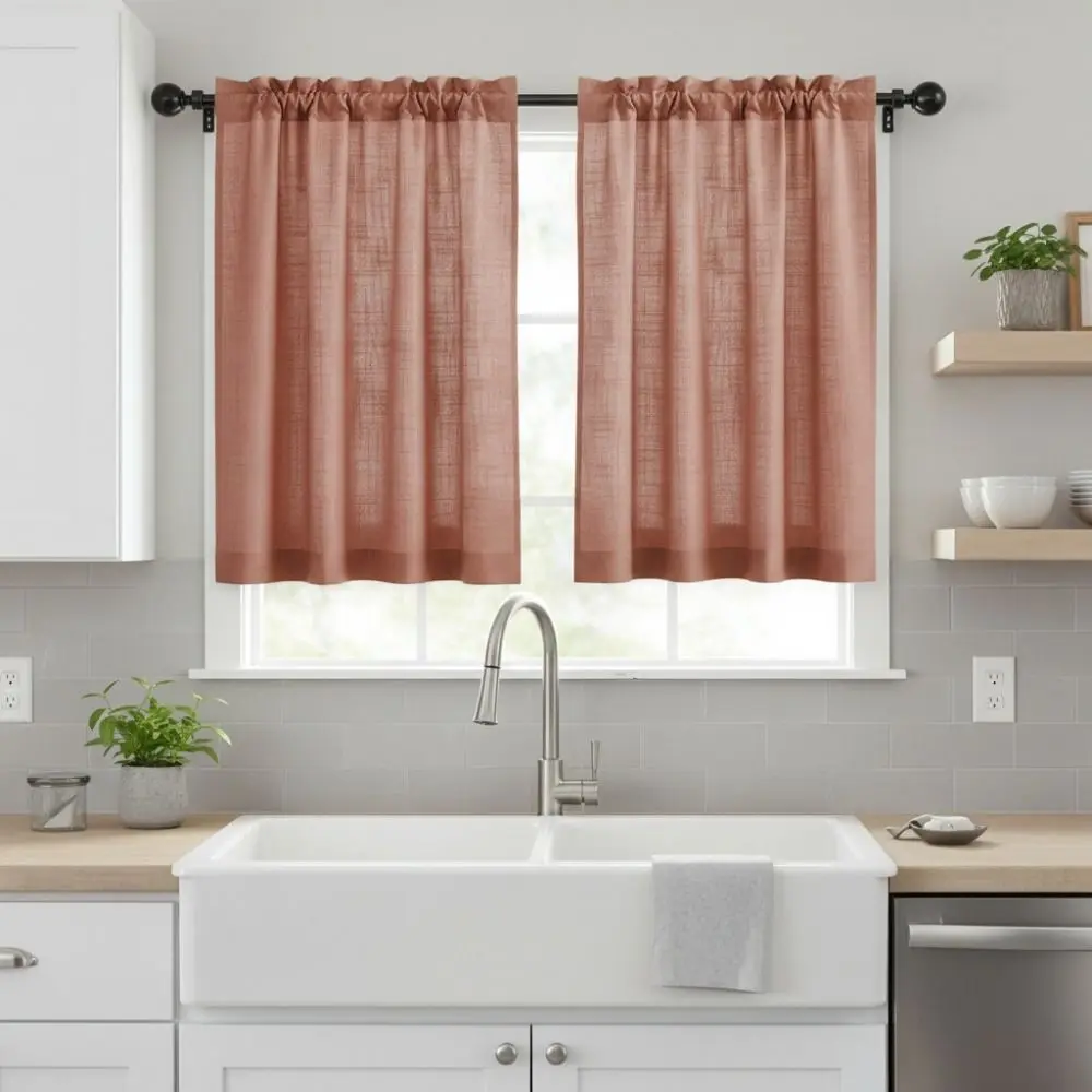 2PCS Through-shaft Type Linen Textured Kitchen Short Curtain Light Filtering Semi Transparent Short Sheer Curtains Solid Color