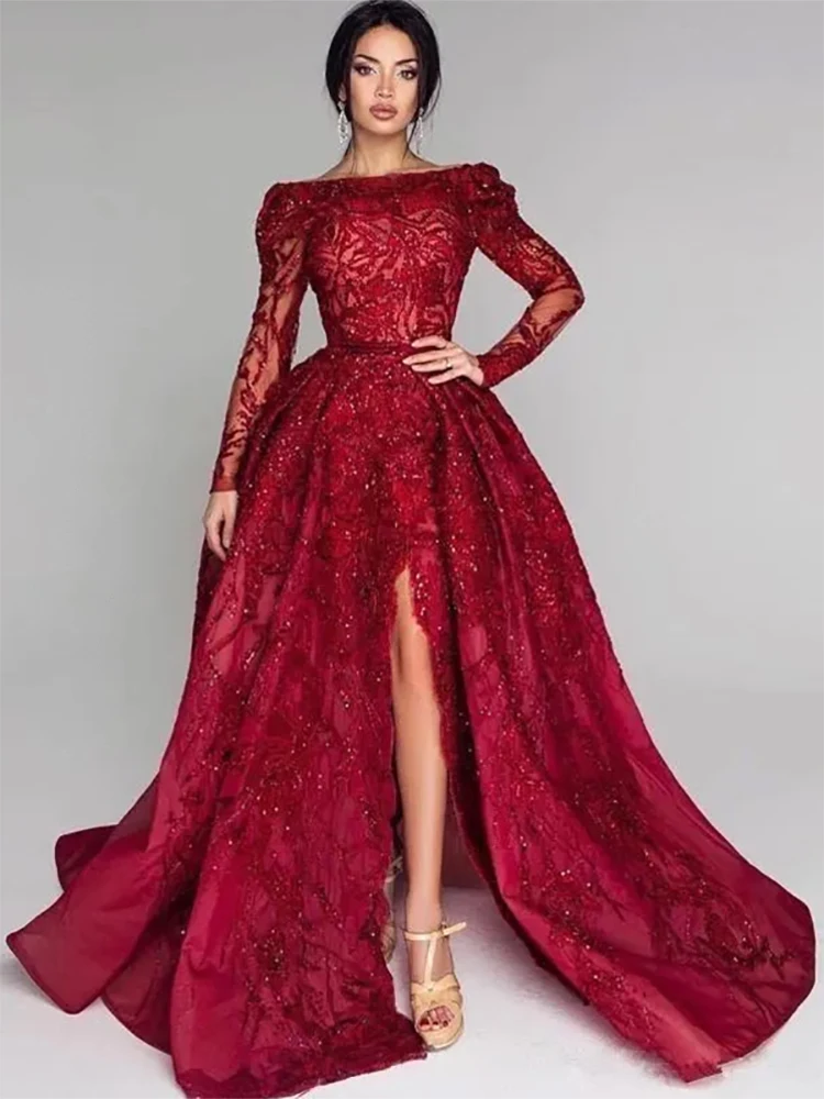 Sexy Dark Red Satin Lace Beads Illusion Formal  Evening Dresses  Long Sleeves  Backless Side Split Prom Gowns  Custom