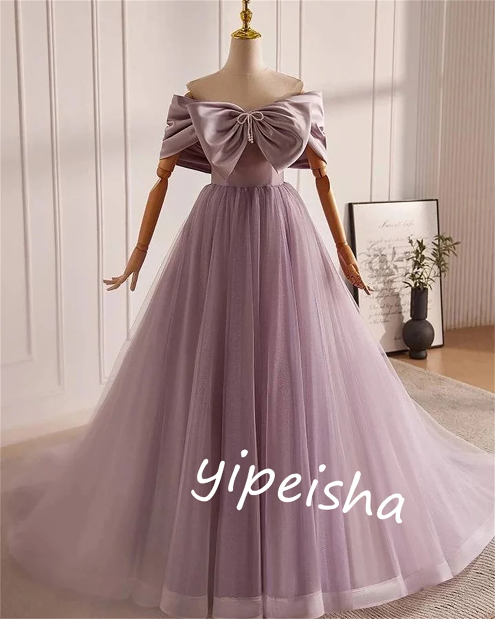 Organza Bow Homecoming A-line Off-the-shoulder Bespoke Occasion Gown Long Dresses